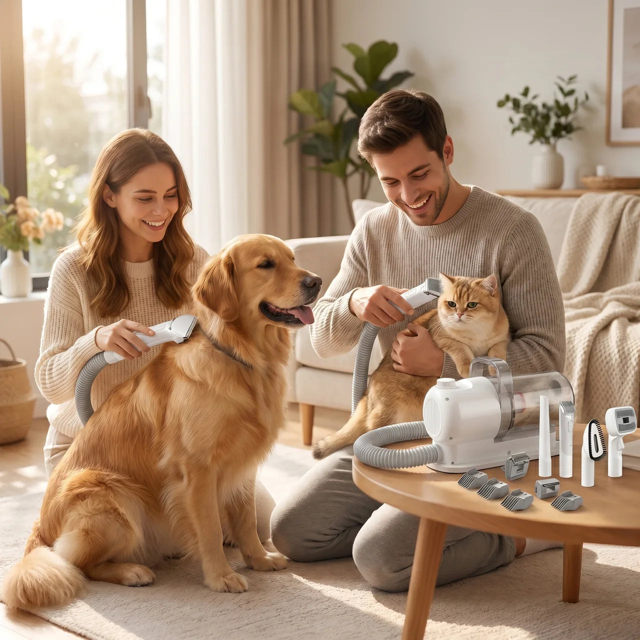 Pareja feliz cepillando a su perro y su gato con la aspiradora de aseo LIYVO 5 en 1 en casa